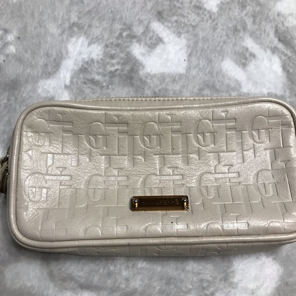 Gianfranco Ferre wristlet off white clutch make up bag utility leather luxury